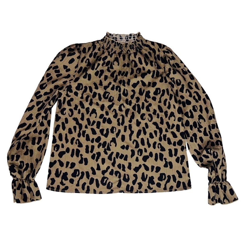 Shein Brown Black Leopard Mock Neck Flounce Sleeve Blouse Size 2 New